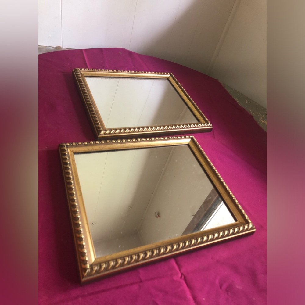 Two gold tone mirrors 9.5 x 11” Hollywood regency Mcm mirror wall hang